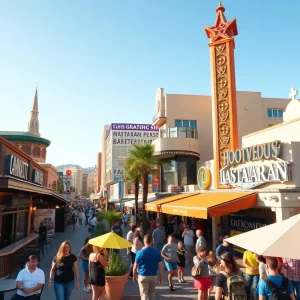 A cityscape view of Las Vegas featuring restaurants and bustling community activities.
