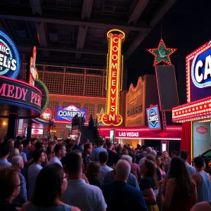 A lively scene showcasing various comedy venues in Las Vegas filled with audience members enjoying shows.