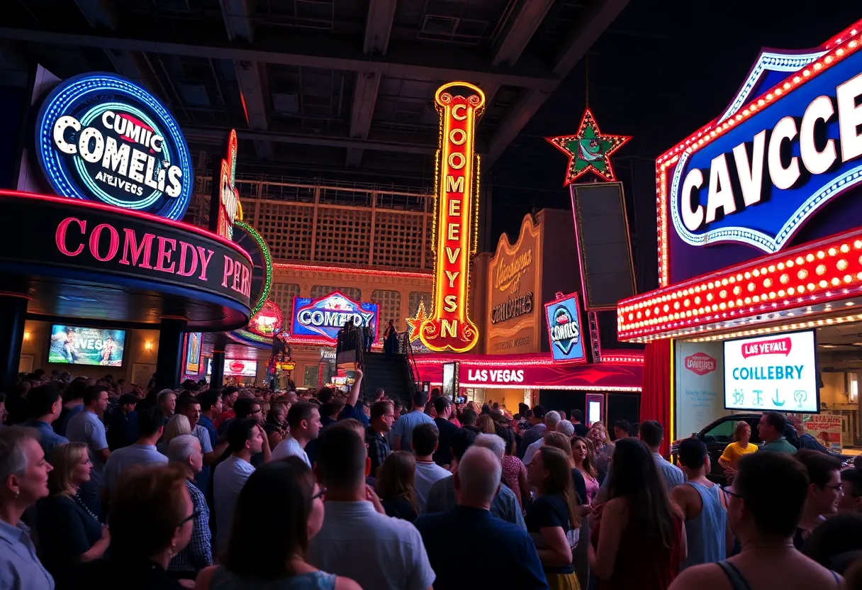 A lively scene showcasing various comedy venues in Las Vegas filled with audience members enjoying shows.