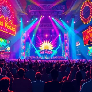 Crowd at a concert in Las Vegas with colorful lights and a stage