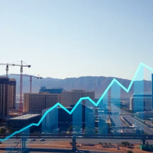 City skyline of Las Vegas with construction areas in the foreground indicating budget reduction.