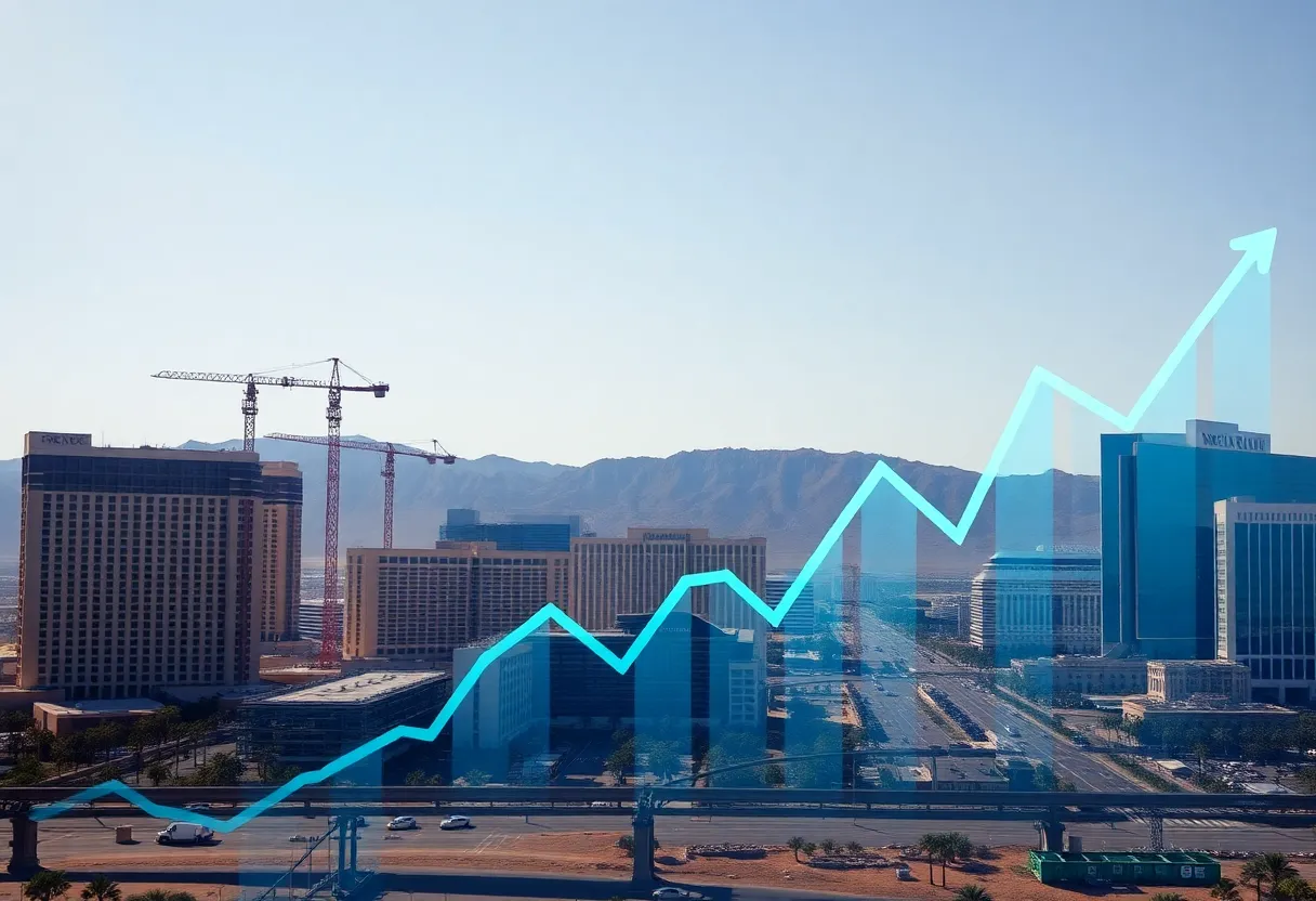 City skyline of Las Vegas with construction areas in the foreground indicating budget reduction.