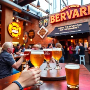 Craft beers served in various glasses at a Las Vegas brewery
