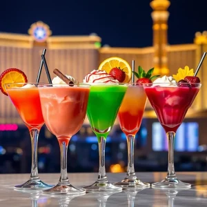 A selection of decadent dessert cocktails with vibrant colors and creative garnishes in Las Vegas nightlife.