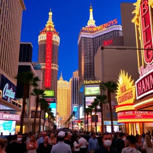 A vibrant street in Las Vegas filled with people and casinos, representing economic activity.