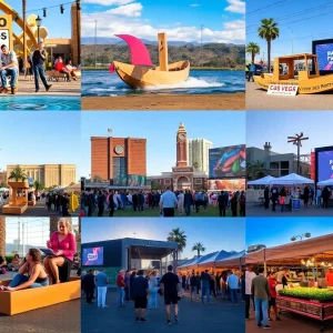 Collage of Las Vegas events showcasing bingo, boat regatta, outdoor movies, and farmers markets.