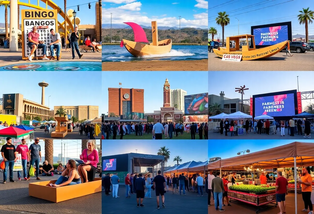 Collage of Las Vegas events showcasing bingo, boat regatta, outdoor movies, and farmers markets.