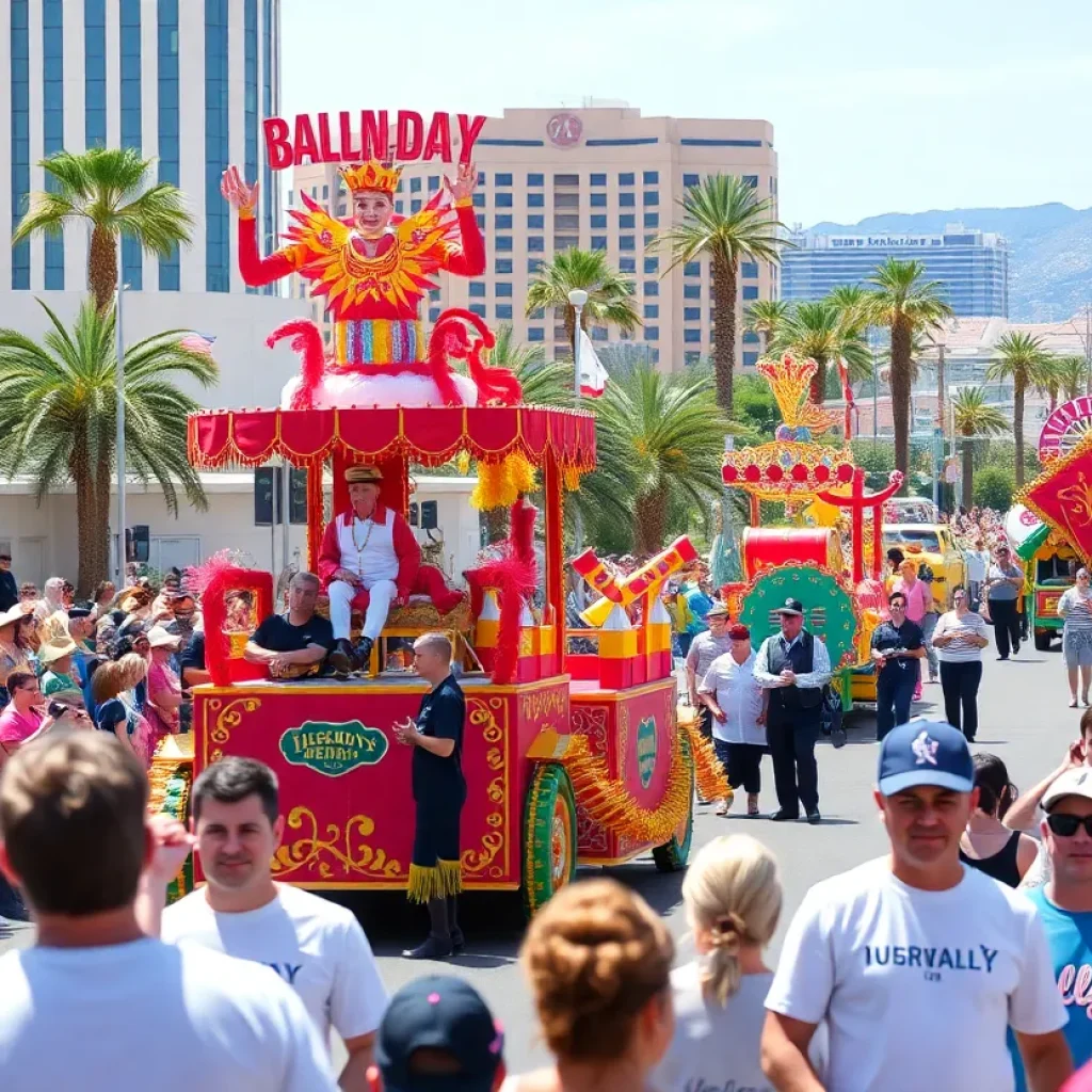 Vibrant parade scene in Las Vegas with colorful floats and crowds