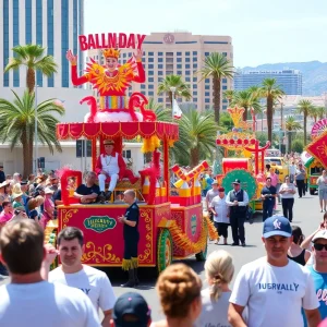 Vibrant parade scene in Las Vegas with colorful floats and crowds