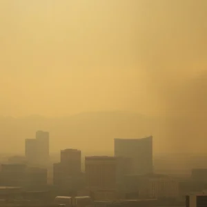 Smoky skyline of Las Vegas due to nearby wildfires