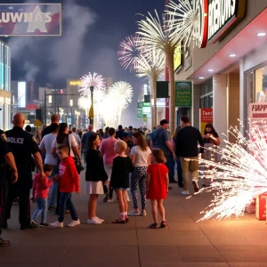 Families in Las Vegas purchasing fireworks with police presence nearby