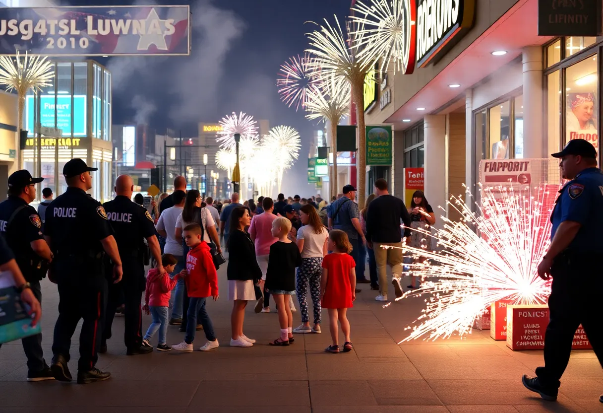 Families in Las Vegas purchasing fireworks with police presence nearby