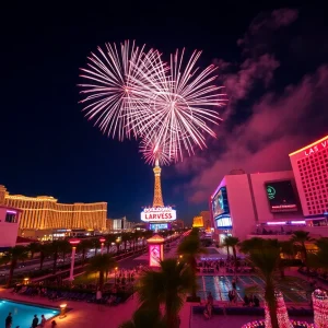 Fireworks illuminating the Las Vegas skyline during the Fourth of July celebration.