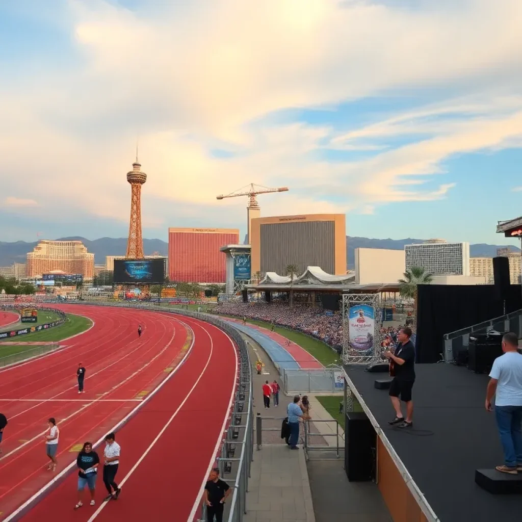 Performance stage at the Las Vegas Grand Prix with artists and audience.