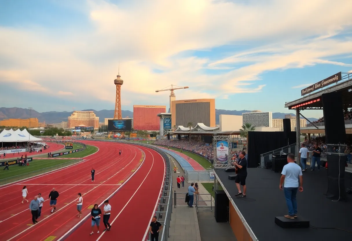 Performance stage at the Las Vegas Grand Prix with artists and audience.