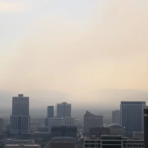 Hazy skyline of Las Vegas affected by nearby wildfires smoke