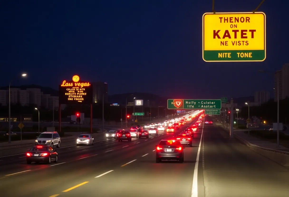 Las Vegas highway with road signs highlighting safety concerns