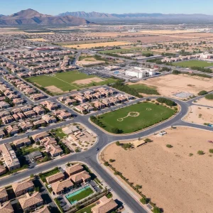 Aerial view of new affordable housing developments in Las Vegas with green areas.