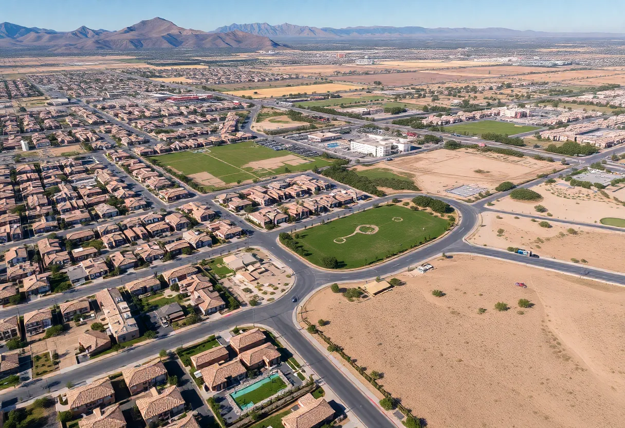 Aerial view of new affordable housing developments in Las Vegas with green areas.