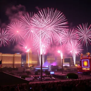 Fireworks lighting up the Las Vegas sky with smoke in the atmosphere