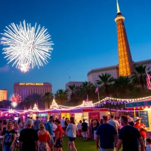 Fireworks light up the night sky during Las Vegas Independence Day celebration with families and food stalls below.