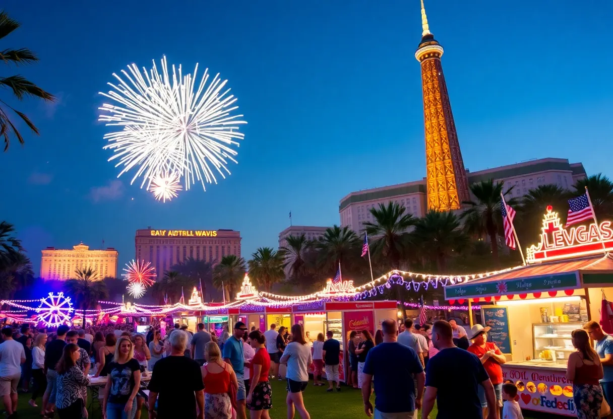 Fireworks light up the night sky during Las Vegas Independence Day celebration with families and food stalls below.