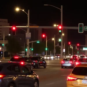 A busy Las Vegas intersection with traffic lights and vehicles at night