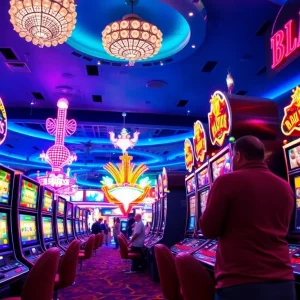 Celebratory scene in a Las Vegas casino with slot machines and lights