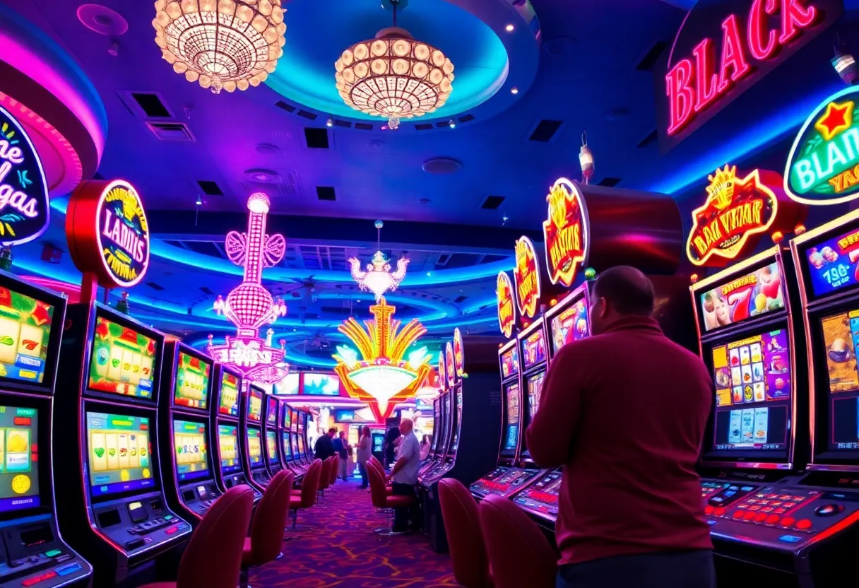 Celebratory scene in a Las Vegas casino with slot machines and lights