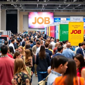 Job seekers at a Las Vegas job fair interacting with employers