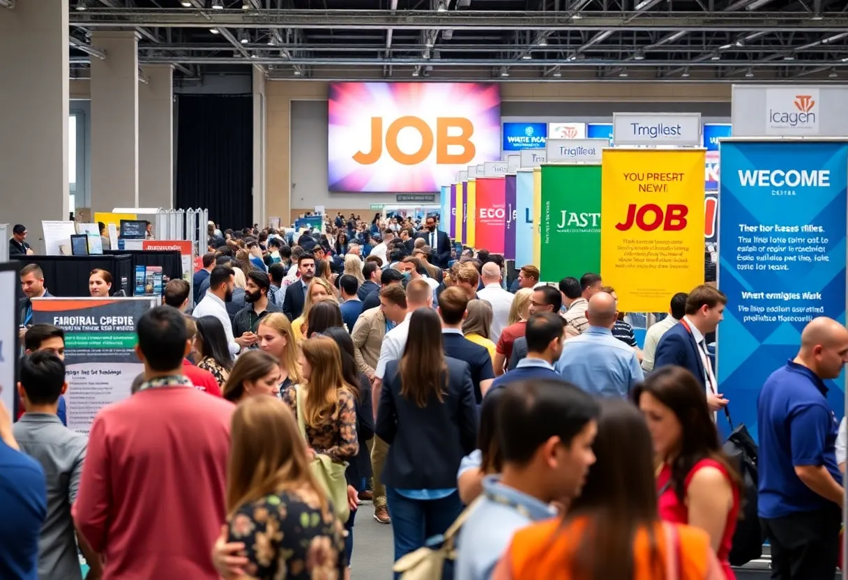Job seekers at a Las Vegas job fair interacting with employers