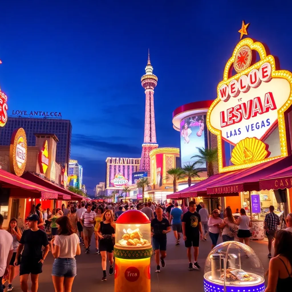 A bustling scene of Las Vegas with colorful lights and people enjoying various events.