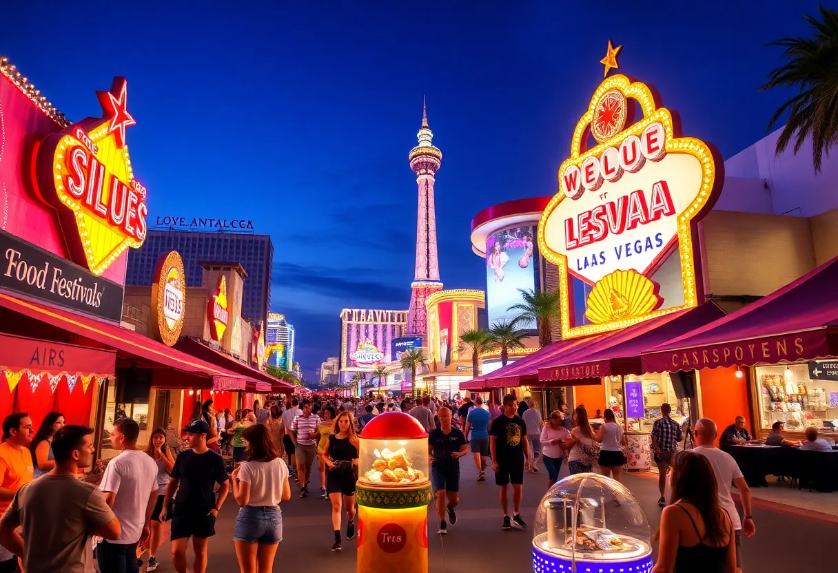 A bustling scene of Las Vegas with colorful lights and people enjoying various events.