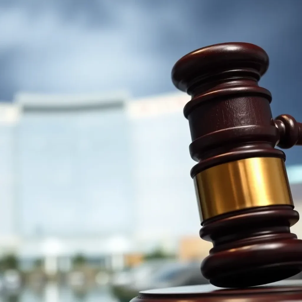 A gavel in front of Las Vegas skyline representing crime and legal challenges