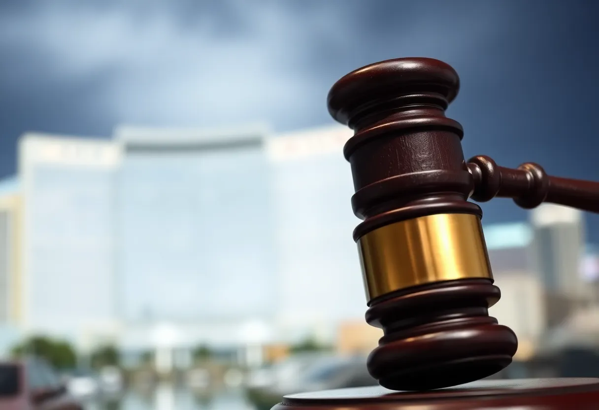 A gavel in front of Las Vegas skyline representing crime and legal challenges