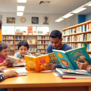 Families enjoying reading activities in a community library.