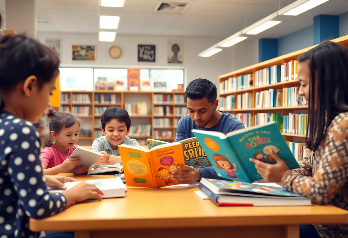Families enjoying reading activities in a community library.