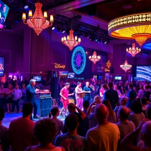 Musicians playing on stage at a Las Vegas venue with an enthusiastic crowd.