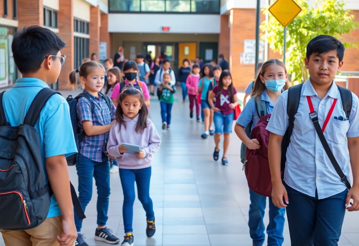 Students at a Las Vegas middle school participating in activities with crossing guards present.