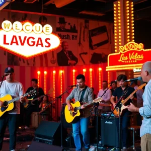Musicians performing in Las Vegas with a dynamic crowd.
