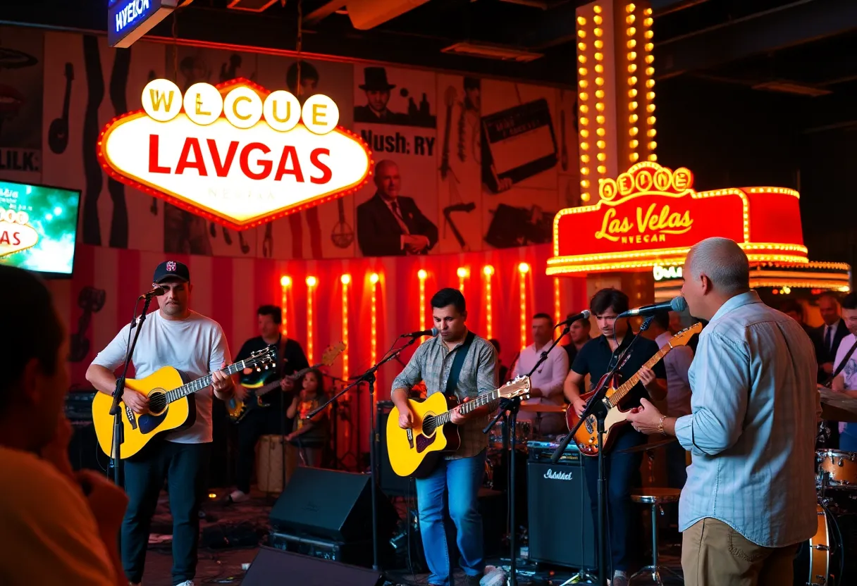 Musicians performing in Las Vegas with a dynamic crowd.