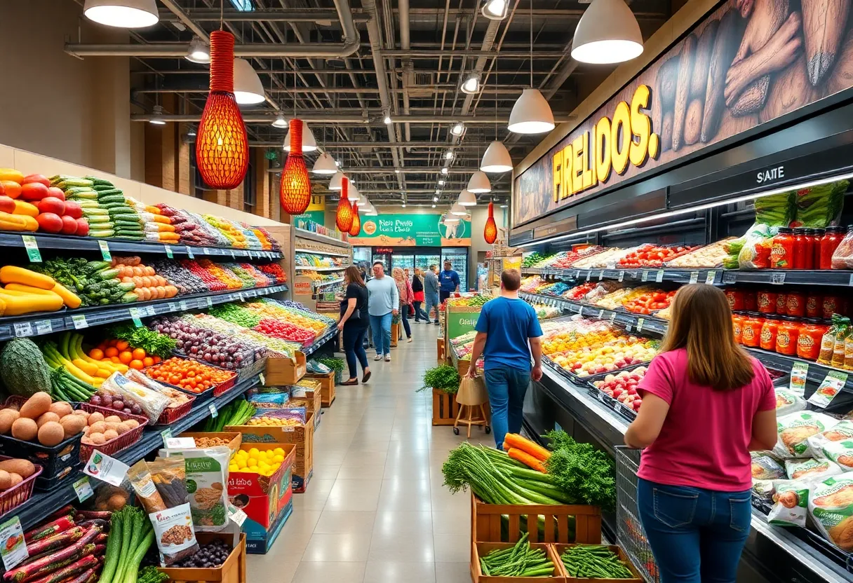 New grocery store in Las Vegas featuring fresh produce and customers.