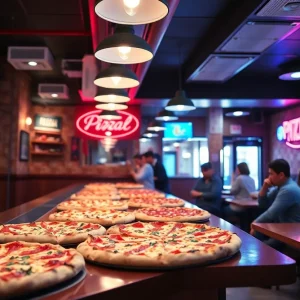 A lively Las Vegas pizzeria with customers enjoying pizza