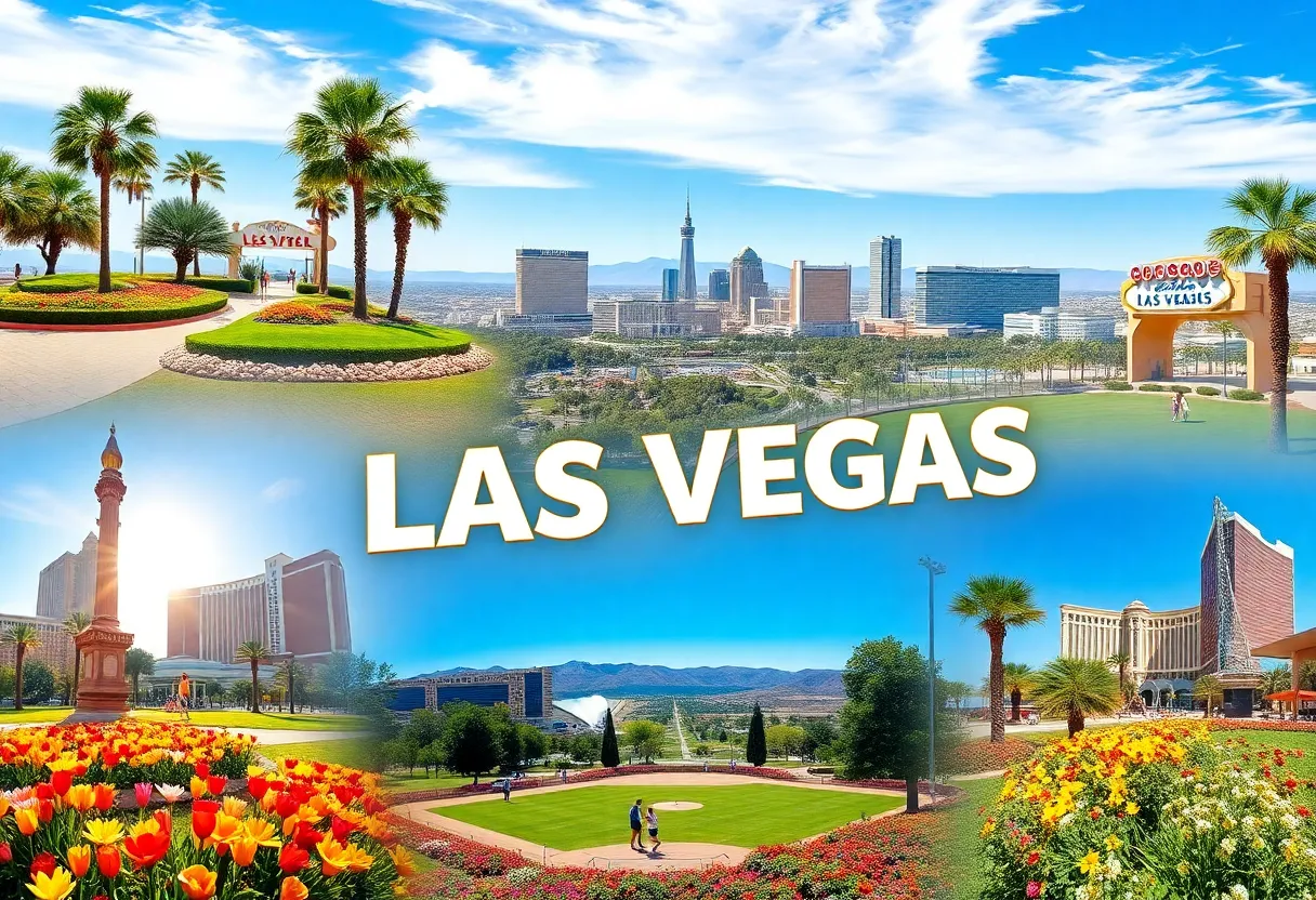 Collage of recreational activities in Las Vegas with parks and skyline