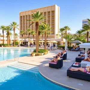 Residents enjoying a Las Vegas resort pool on a sunny day