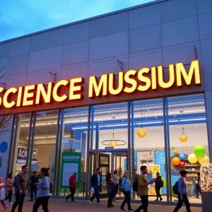 Exterior view of the Las Vegas Science and Natural History Museum with people visiting