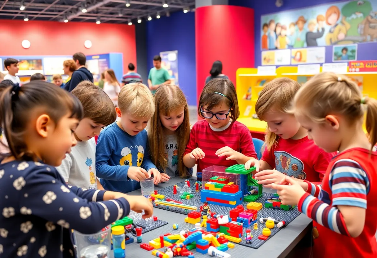Children participating in science activities at the rebranding event of Las Vegas Science & Natural History Museum.