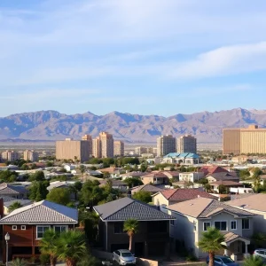 View of short-term rental homes in Las Vegas with city skyline