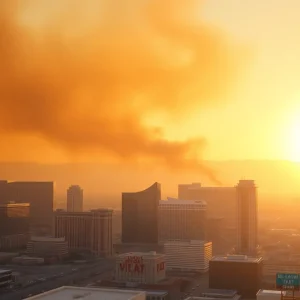Hazy view of Las Vegas skyline affected by smoke and air quality issues.