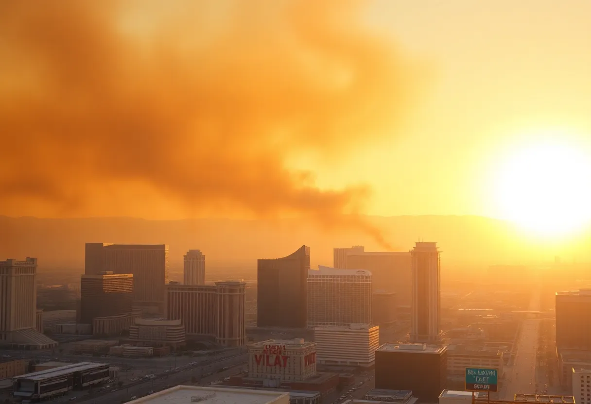 Hazy view of Las Vegas skyline affected by smoke and air quality issues.